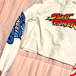 White street fighter crop long sleeve tee shirt
